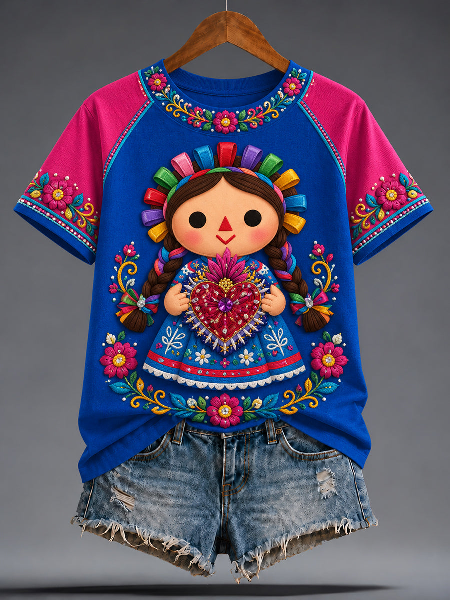 Women's Mexico Lele Doll Floral Art Printed T-shirt