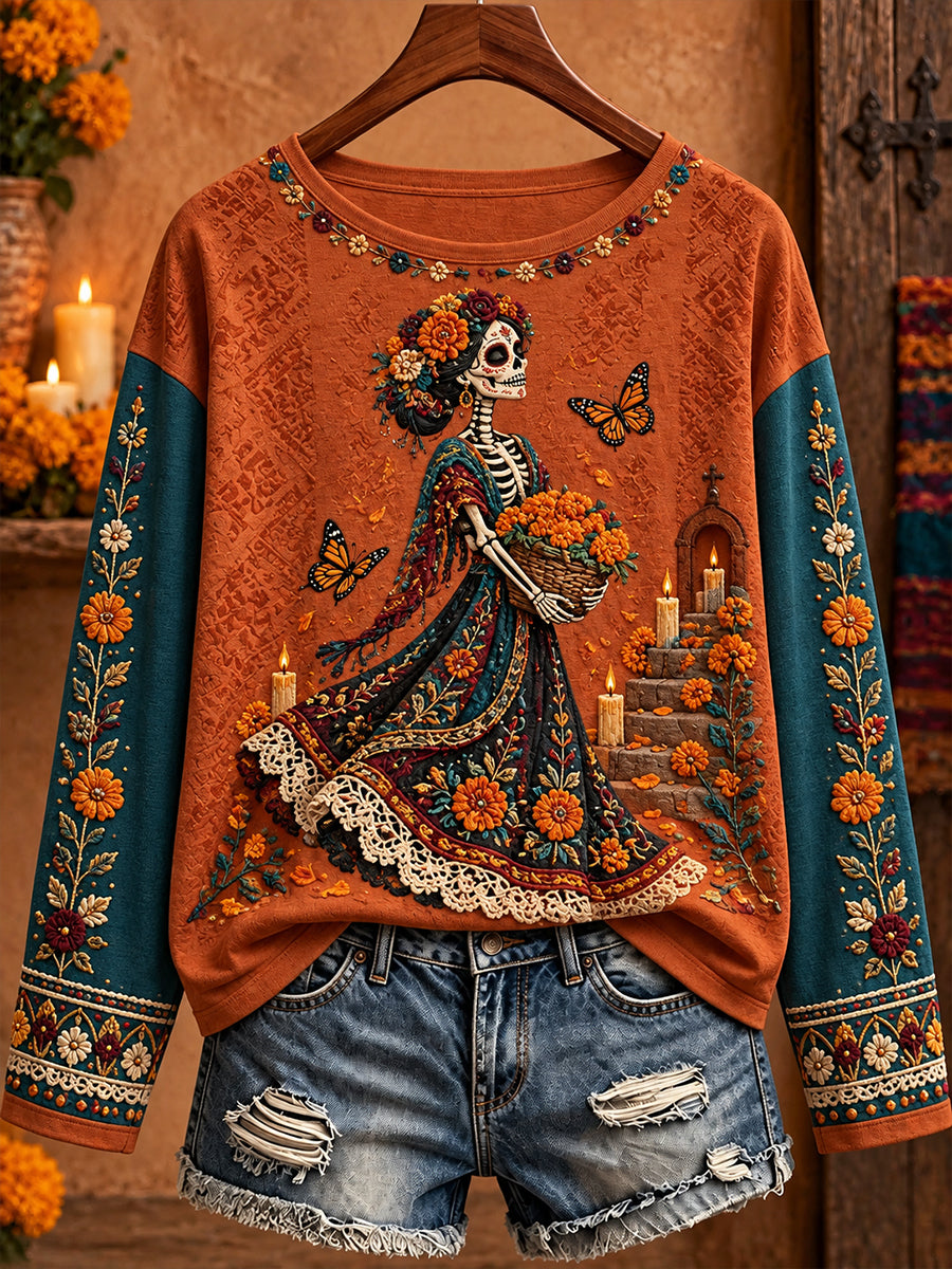 Women's Mexico Day of The Dead Floral Art Printed T-shirt