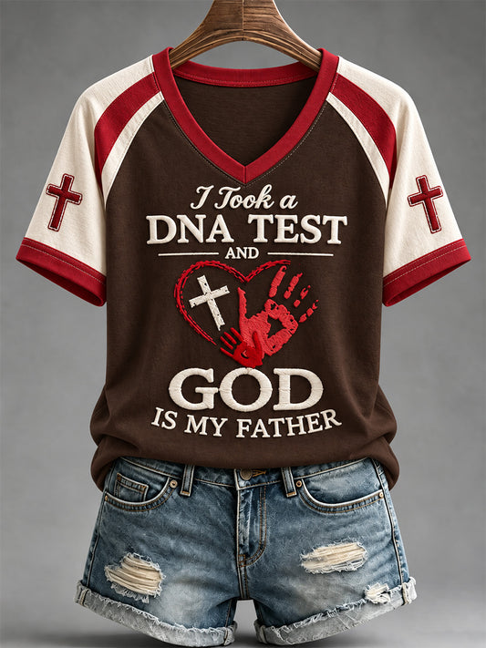Women's I Took a DNA Test God Is My Father Print V-Neck Tee