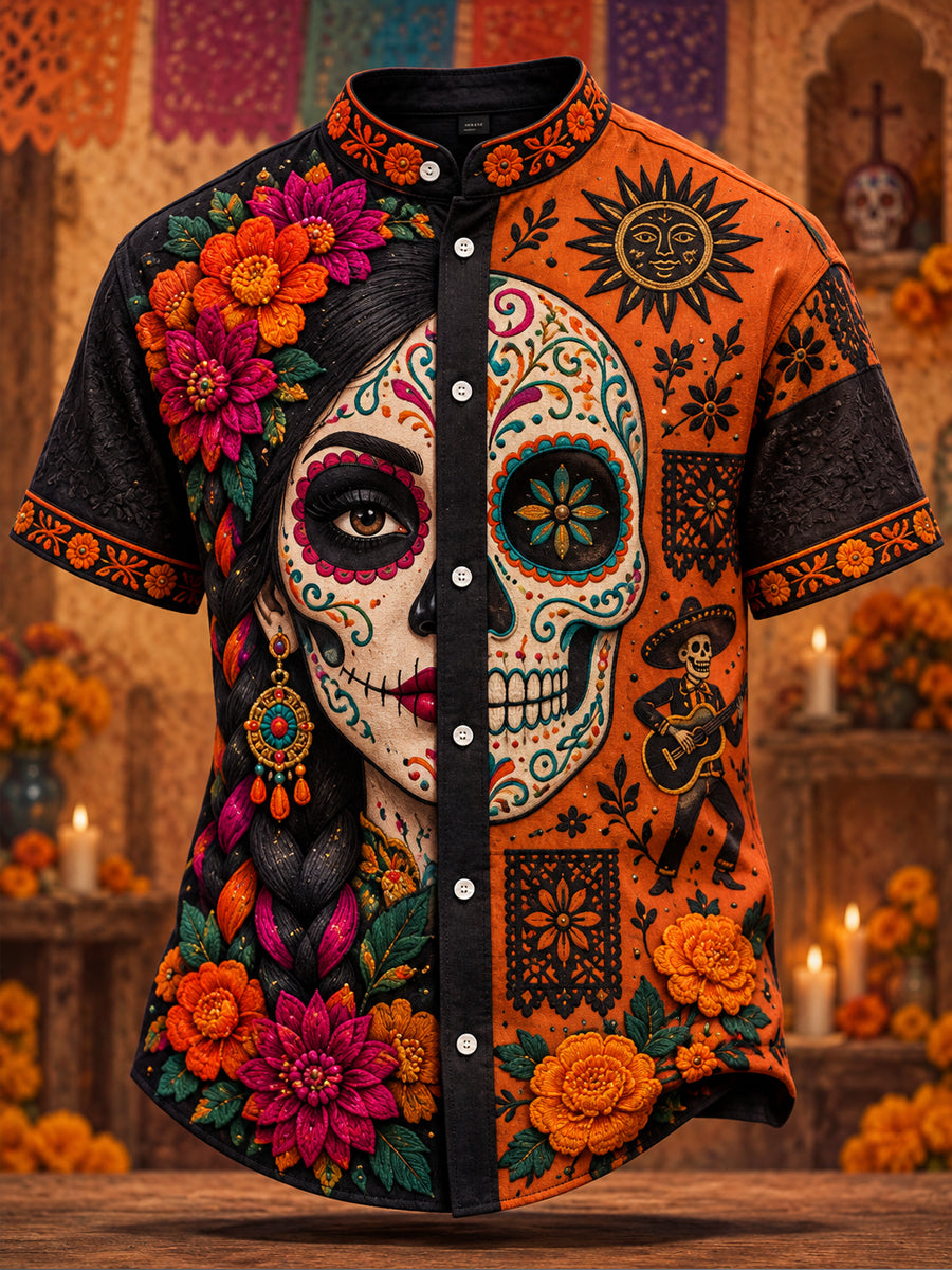 Men's Mexico Day of The Dead Floral Art Printed Shirt