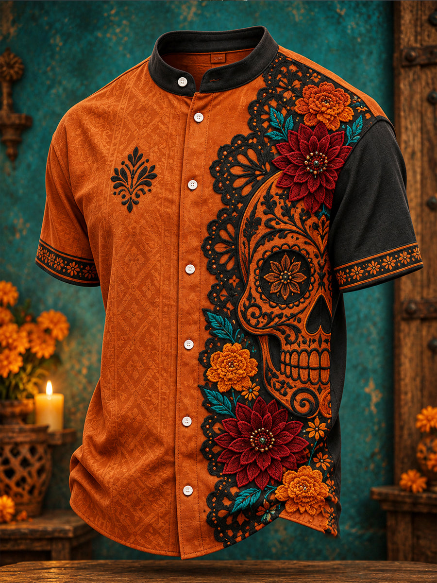 Men's Day of The Dead Floral Art Printed Shirt