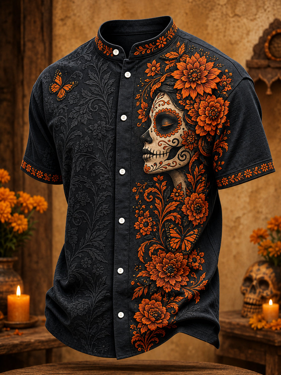 Men's Day of The Dead Floral Art Printed Shirt