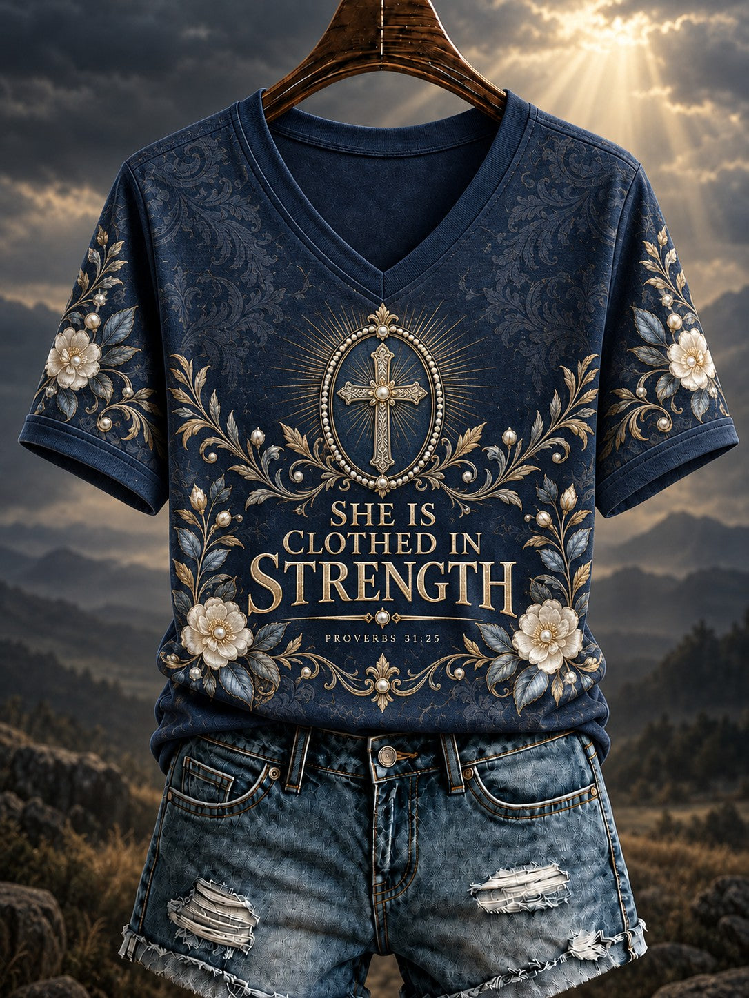 Women's SHE IS CLOTHED IN STRENGTH PROVERBS 31:25 Printed V-neck T-shirt