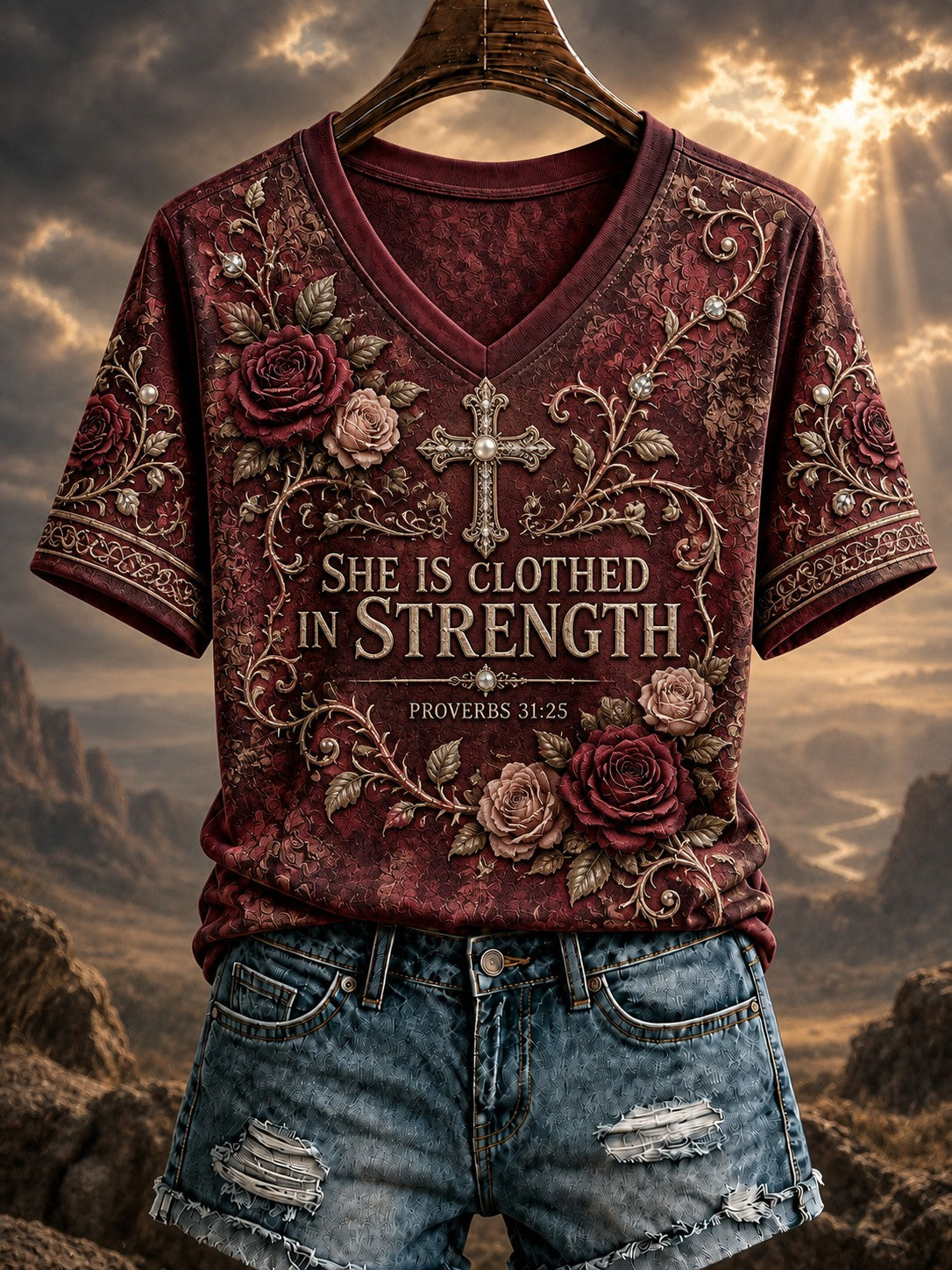 Women's SHE IS CLOTHED IN STRENGTH PROVERBS 31:25 Printed V-neck T-shirt