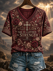 Women's SHE IS CLOTHED IN STRENGTH PROVERBS 31:25 Printed V-neck T-shirt