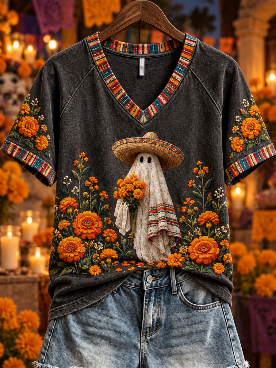 Women's Day of the Dead Mexican Ghost Marigolds Print short-sleeved T-shirt