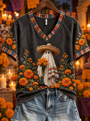 Women's Day of the Dead Mexican Ghost Marigolds Print short-sleeved T-shirt