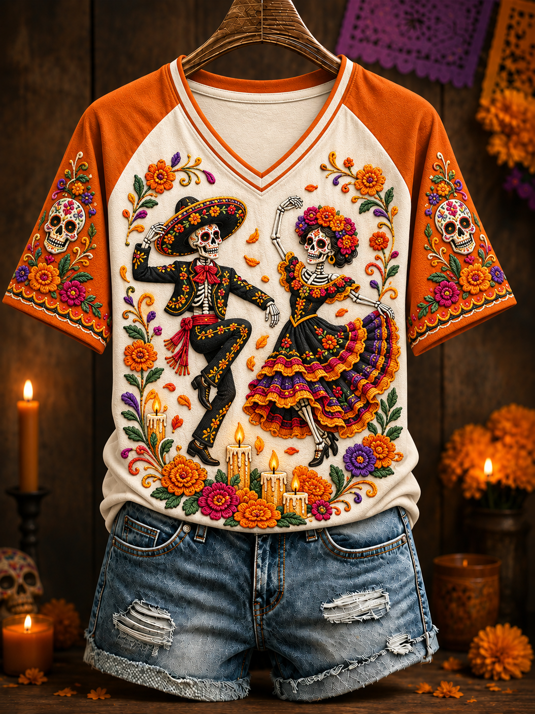 Women's Day Of The Dead V-neck Off-shoulder Short-sleeved T-shirt