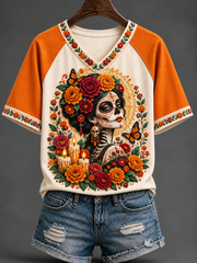 Women's Day Of The Dead V-neck Off-shoulder Short-sleeved T-shirt