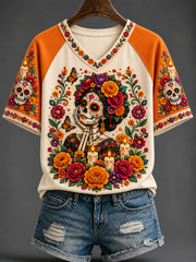 Women's Day Of The Dead V-neck Off-shoulder Short-sleeved T-shirt