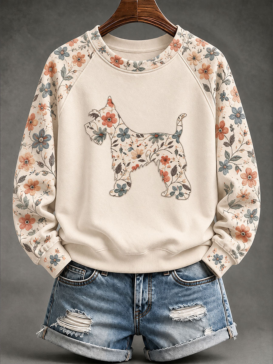 Women's Schnauzer Floral Print Casual Raglan Sleeve Sweatshirt