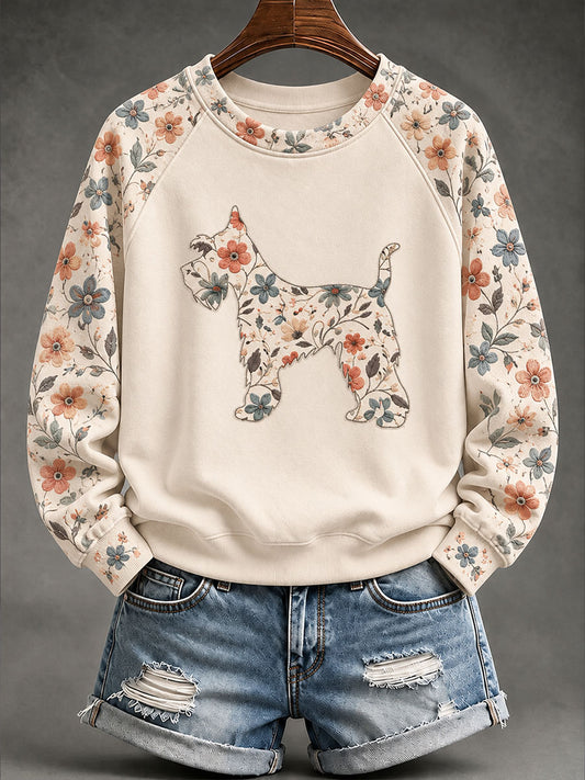 Women's Schnauzer Floral Print Casual Raglan Sleeve Sweatshirt