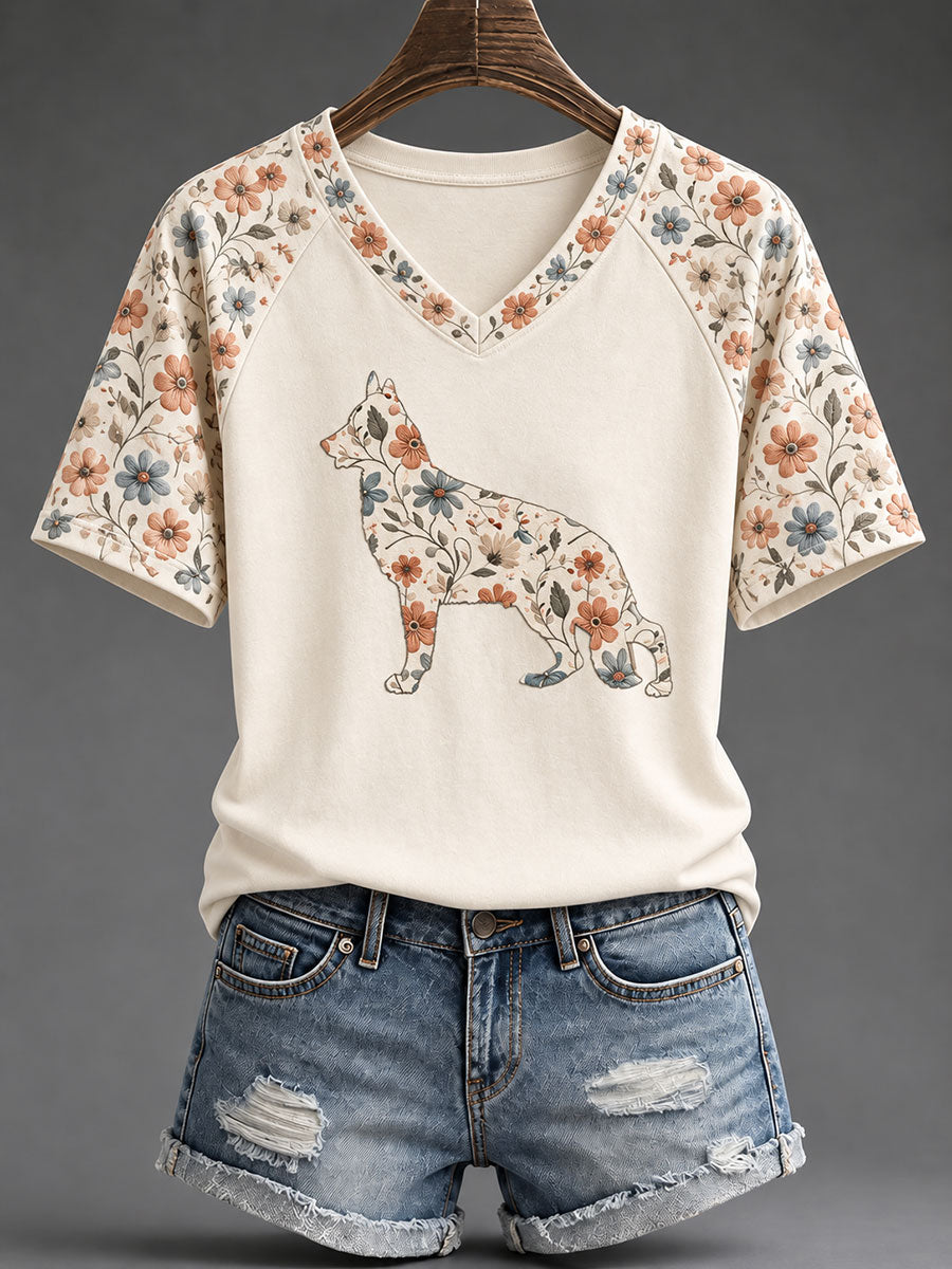 Women's Sheepdog Floral Print Casual T-Shirt