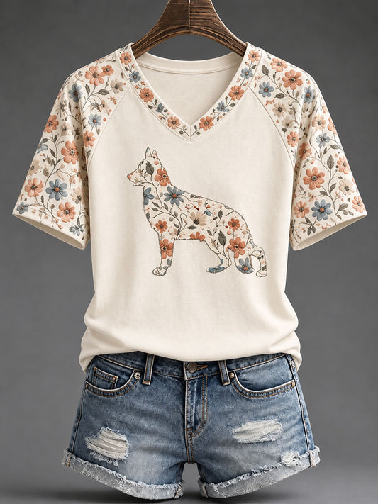 Women's Sheepdog Floral Print Casual T-Shirt