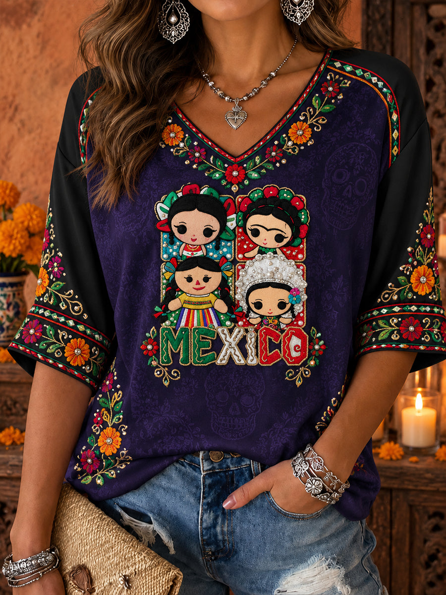 Women's Mexico Lele Doll Floral Art Printed T-Shirt