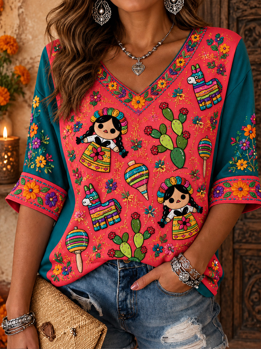Women's Mexico Lele Doll Floral Art Printed T-Shirt
