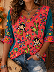 Women's Mexico Lele Doll Floral Art Printed T-Shirt