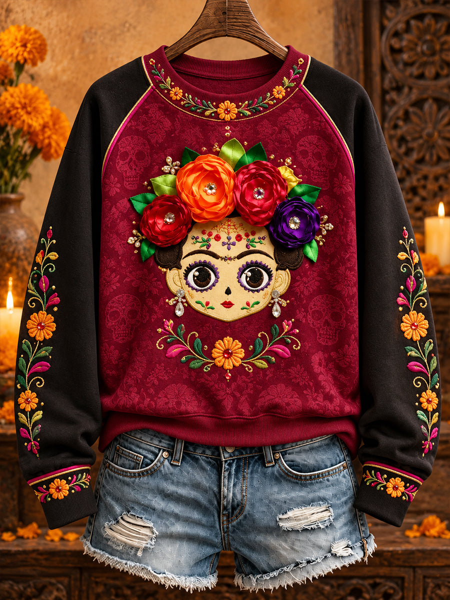 Women's Mexico Lele Doll Floral Art Printed Sweatshirt