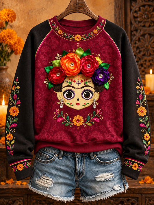 Women's Mexico Lele Doll Floral Art Printed Sweatshirt