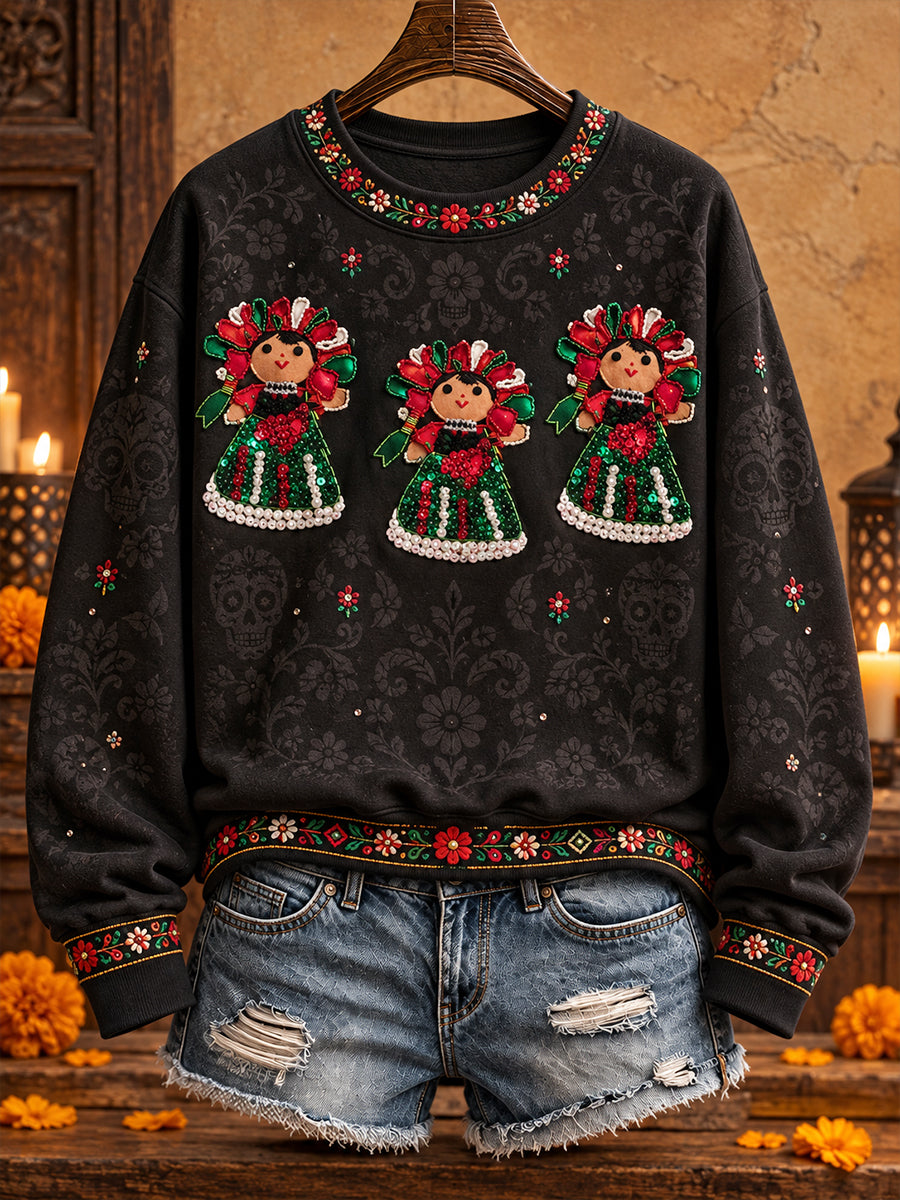 Women's Mexico Lele Doll Floral Art Printed Sweatshirt
