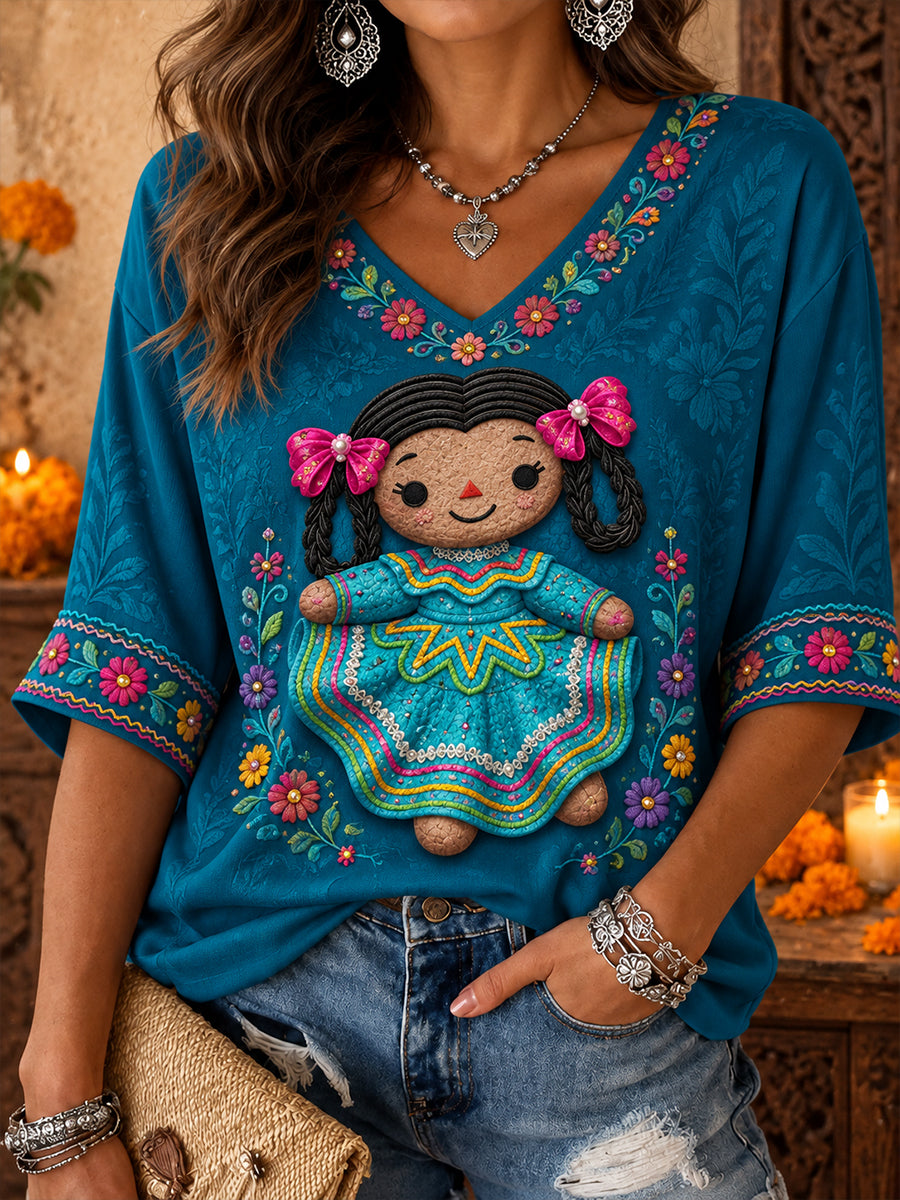 Women's Mexico Lele Doll Floral Art Printed T-Shirt