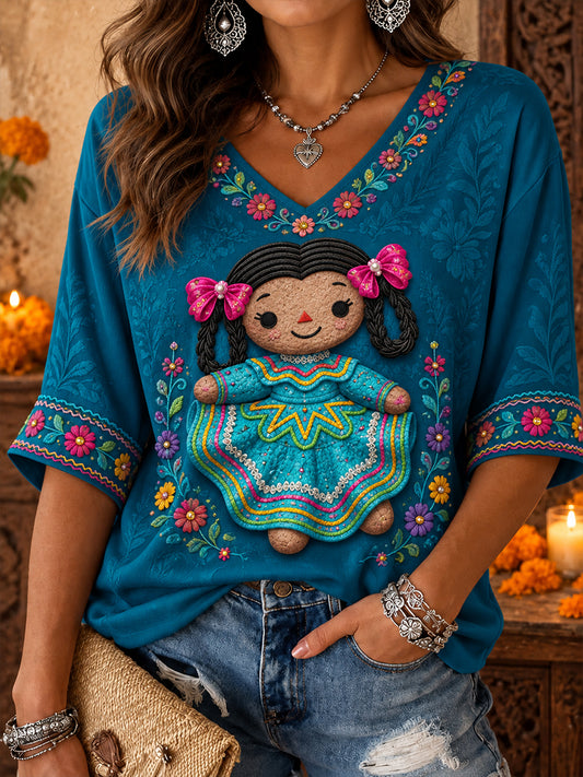 Women's Mexico Lele Doll Floral Art Printed T-Shirt