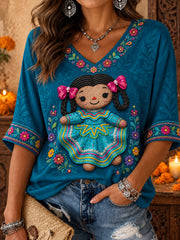 Women's Mexico Lele Doll Floral Art Printed T-Shirt