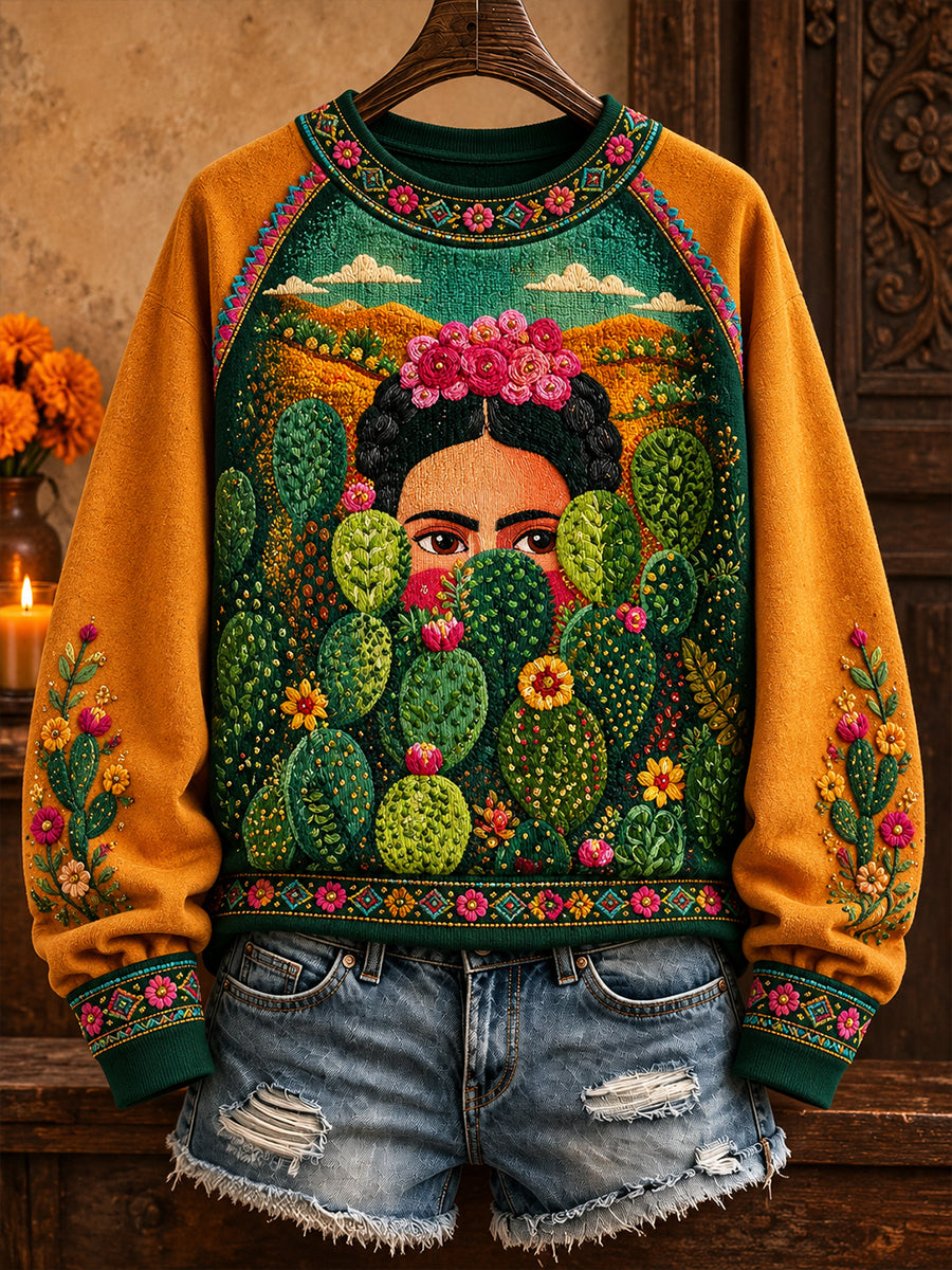 Women's Mexico Lele Doll Floral Art Printed Sweatshirt
