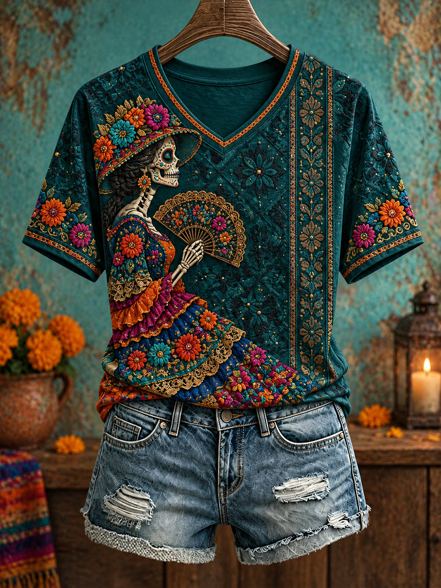 Women's short-sleeved T-shirtWomen's Mexico Day of The Dead Floral Art Printed T-shirt