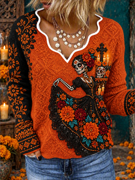 Women's Mexico Day of The Dead Floral Art Printed Tops