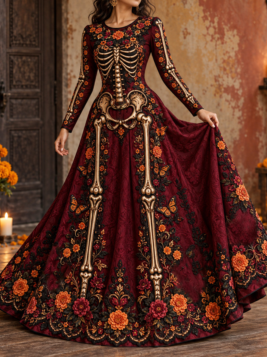 Women's Mexico Day of The Dead Floral Art Printed Dress