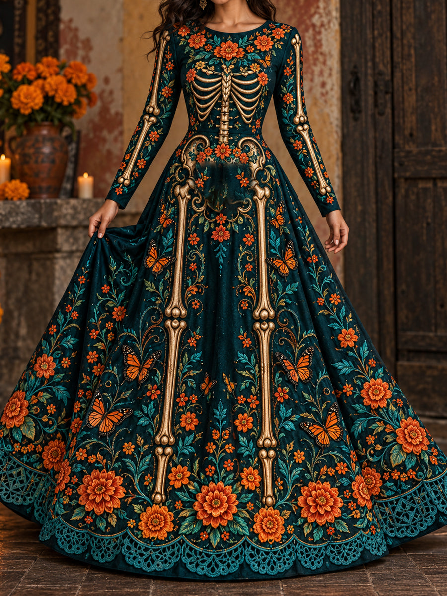 Women's Mexico Day of The Dead Floral Art Printed Dress