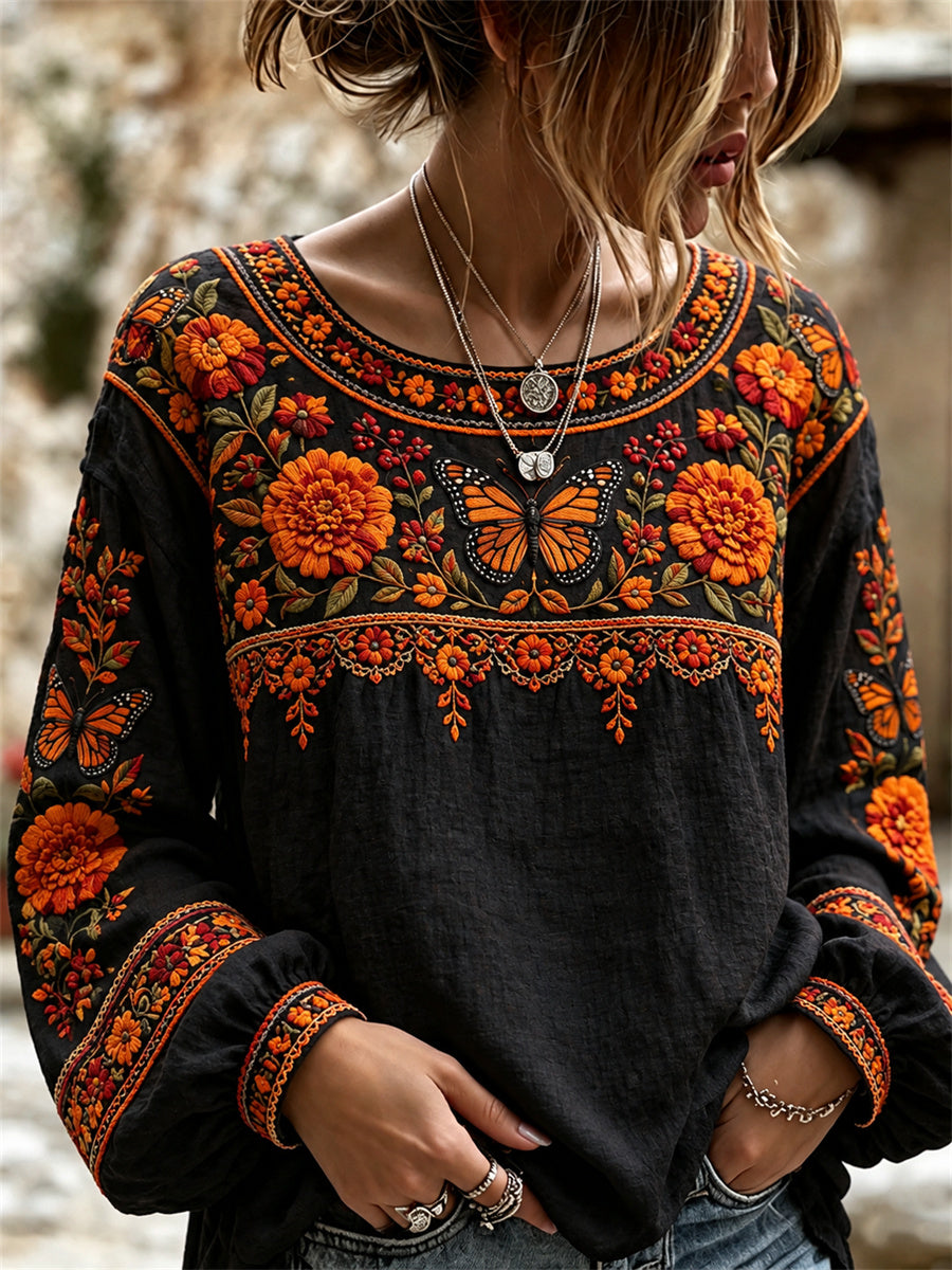 Women's Day of the Dead Marigolds & Monarch Butterflies Print Shirt