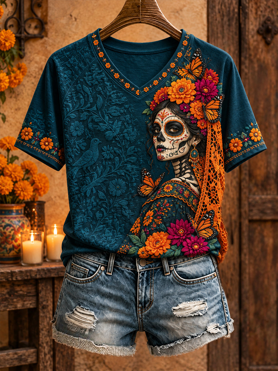 Women's Mexico Day of The Dead Floral Art Printed T-shirt