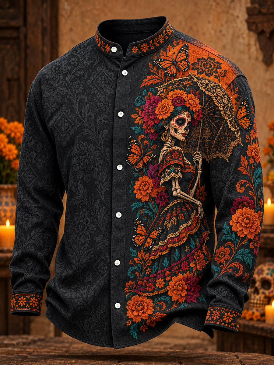 Men's Mexico Day of The Dead Floral Art Printed Shirt