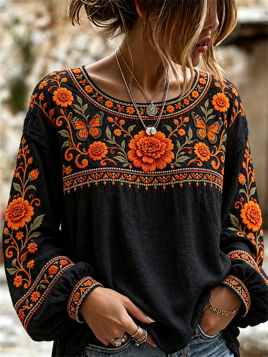 Women's Day of the Dead Marigolds & Monarch Butterflies Print Shirt