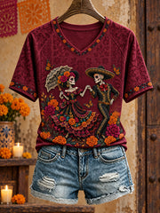Women's Mexico Day of The Dead Floral Art Printed T-shirt