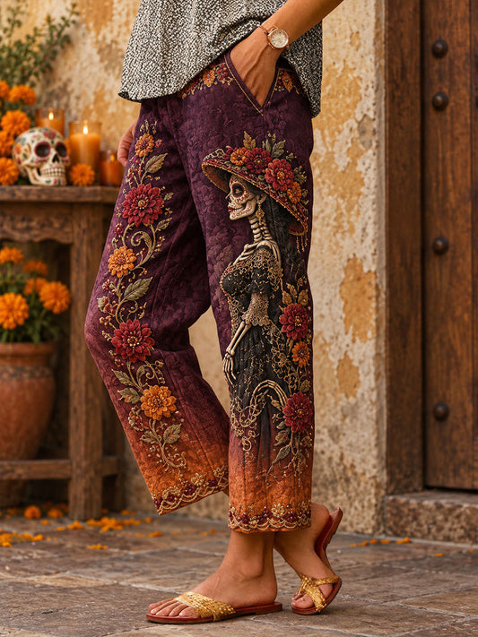 Women's Mexico Day of The Dead Floral Art Printed Pants
