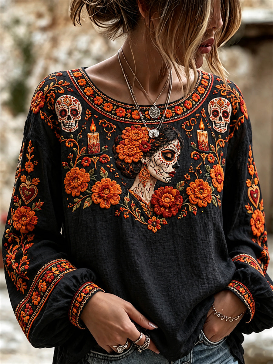 Women's Day of the Dead Lady Sugar Skulls Marigolds Floral Print Shirt