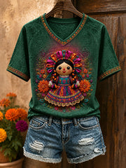 Women's Mexico Folk Floral Art Printed T-Shirt