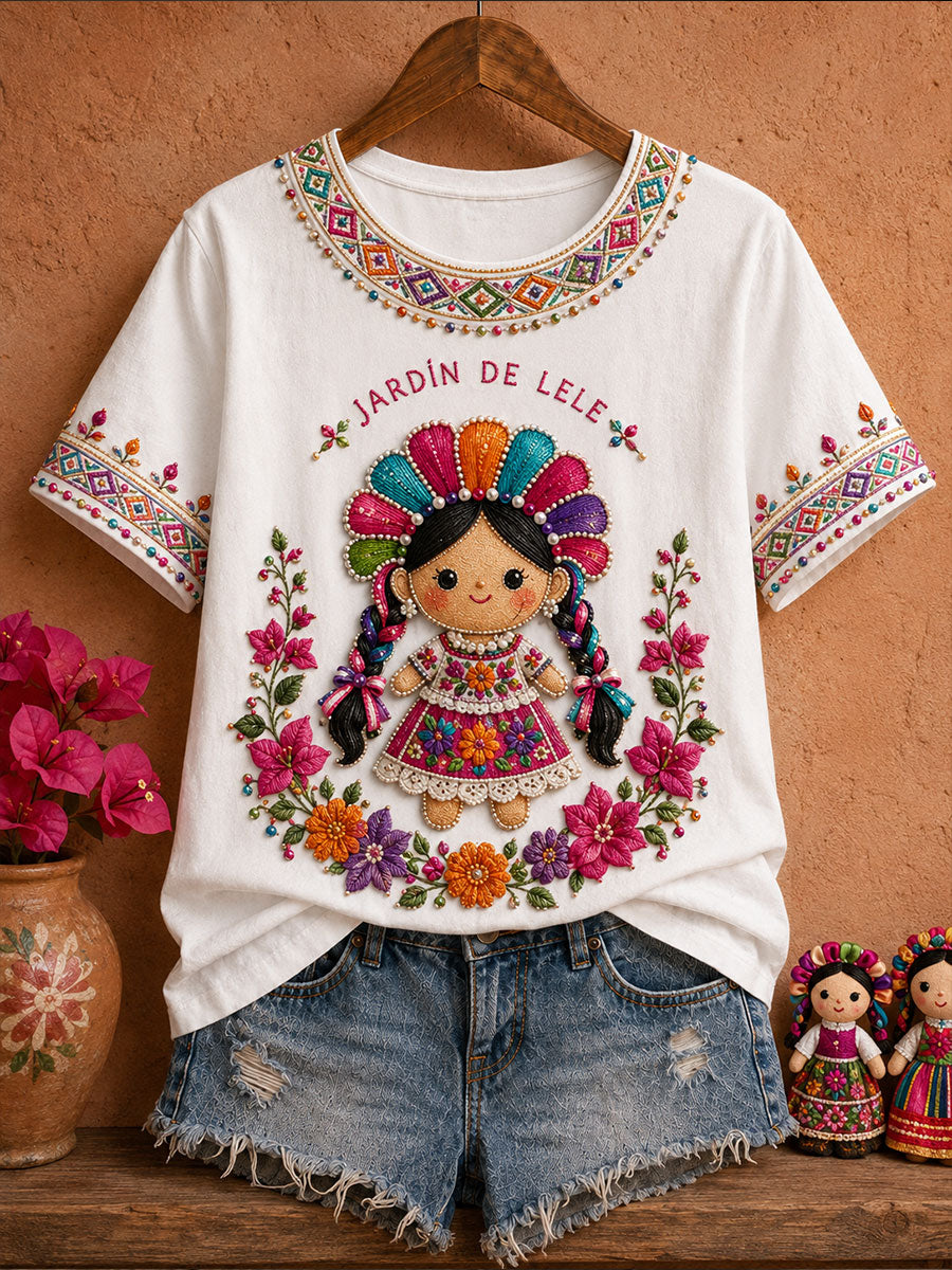 Women's Mexico Folk Floral Art Printed T-Shirt