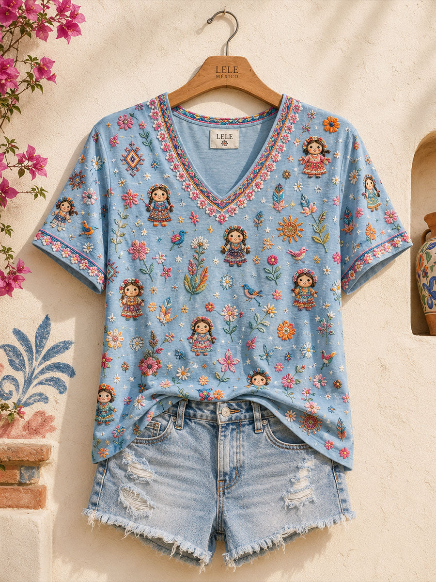 Women's Mexico Folk Floral Art Printed T-Shirt