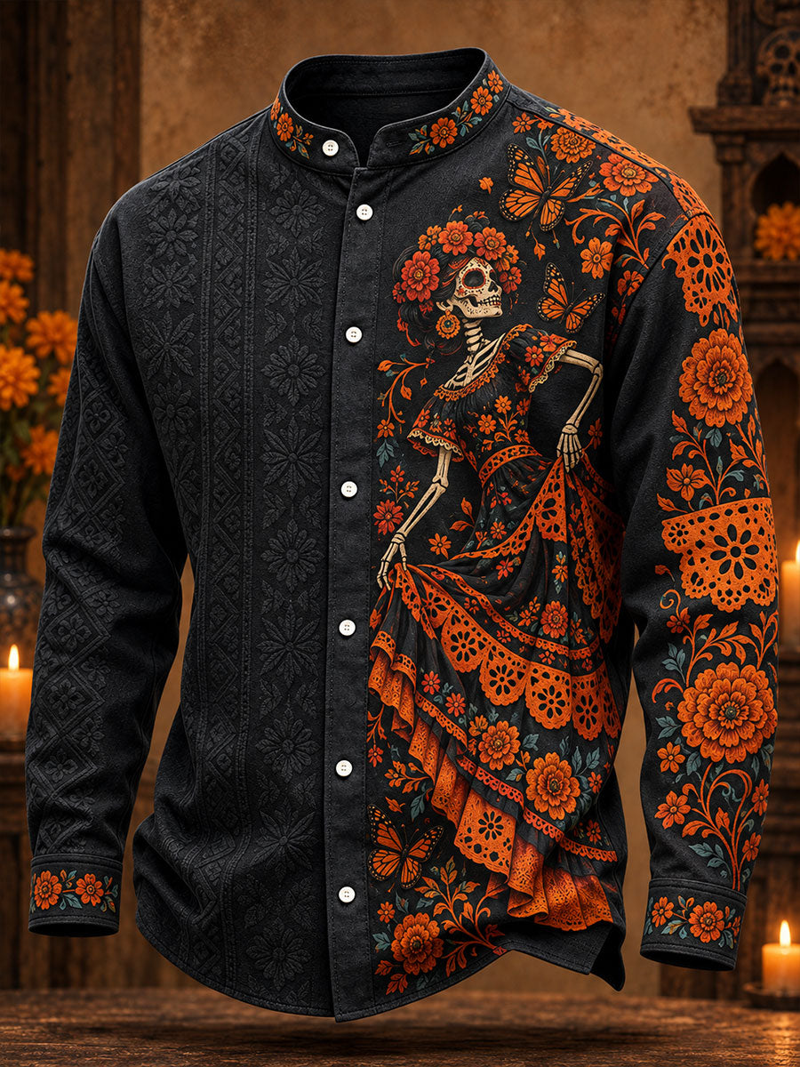 Men's Mexico Day of The Dead Floral Art Printed Shirt