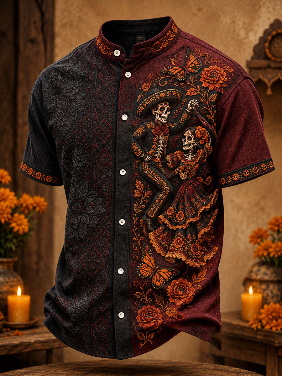 Men's Mexico Day of The Dead Floral Art Printed Shirt