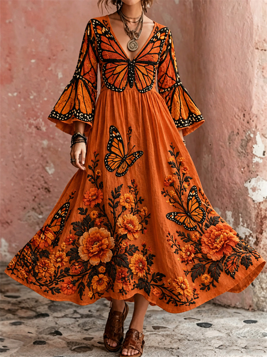 Women's Day of the Dead Monarch Butterflies & Marigolds Floral Print Flare Flowy Maxi Dress