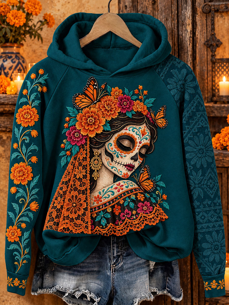 Women's Mexico Day of The Dead Floral Art Printed Hoodie