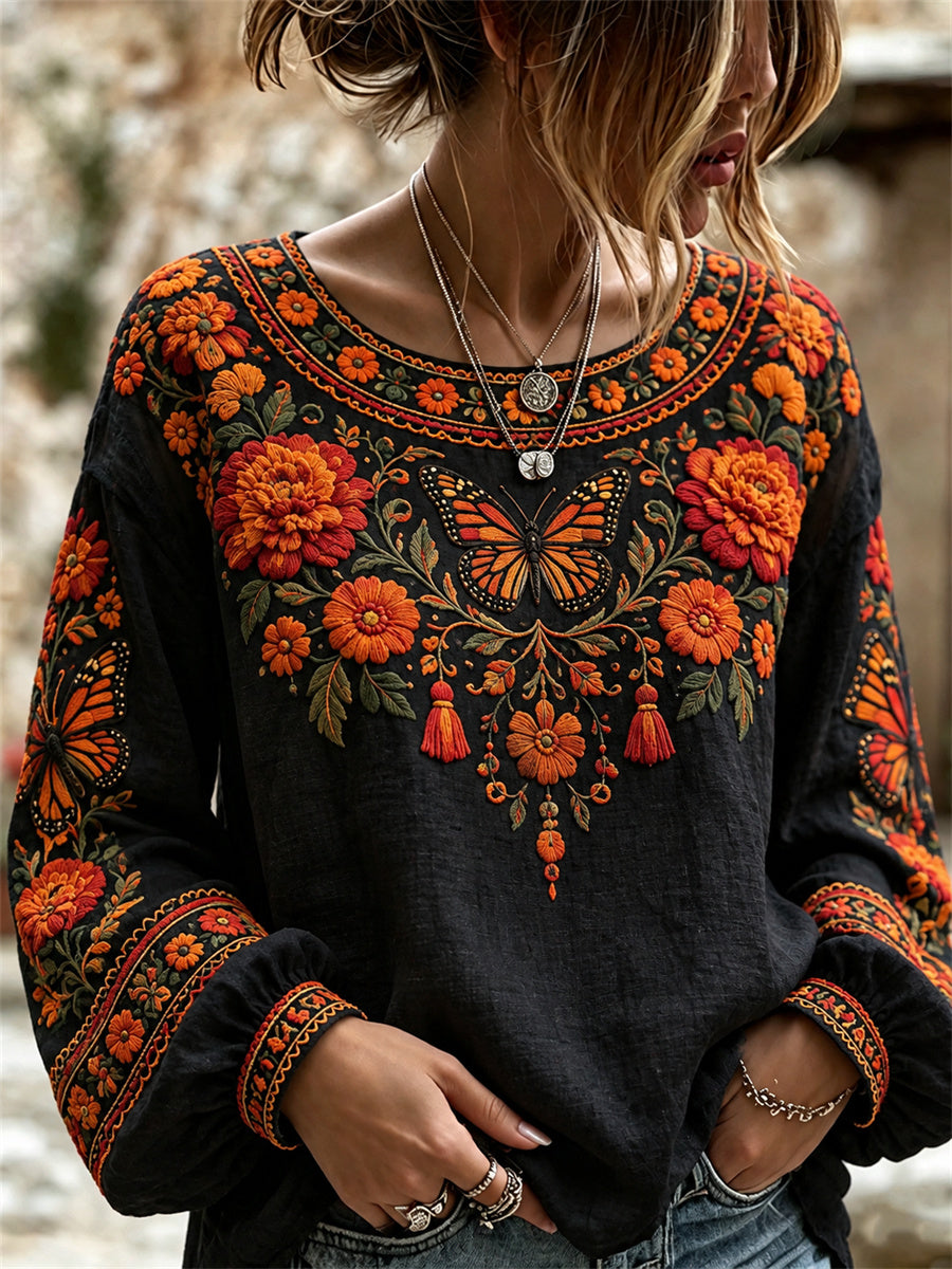 Women's Day of the Dead Monarch Butterflies & Marigolds Floral Print Shirt