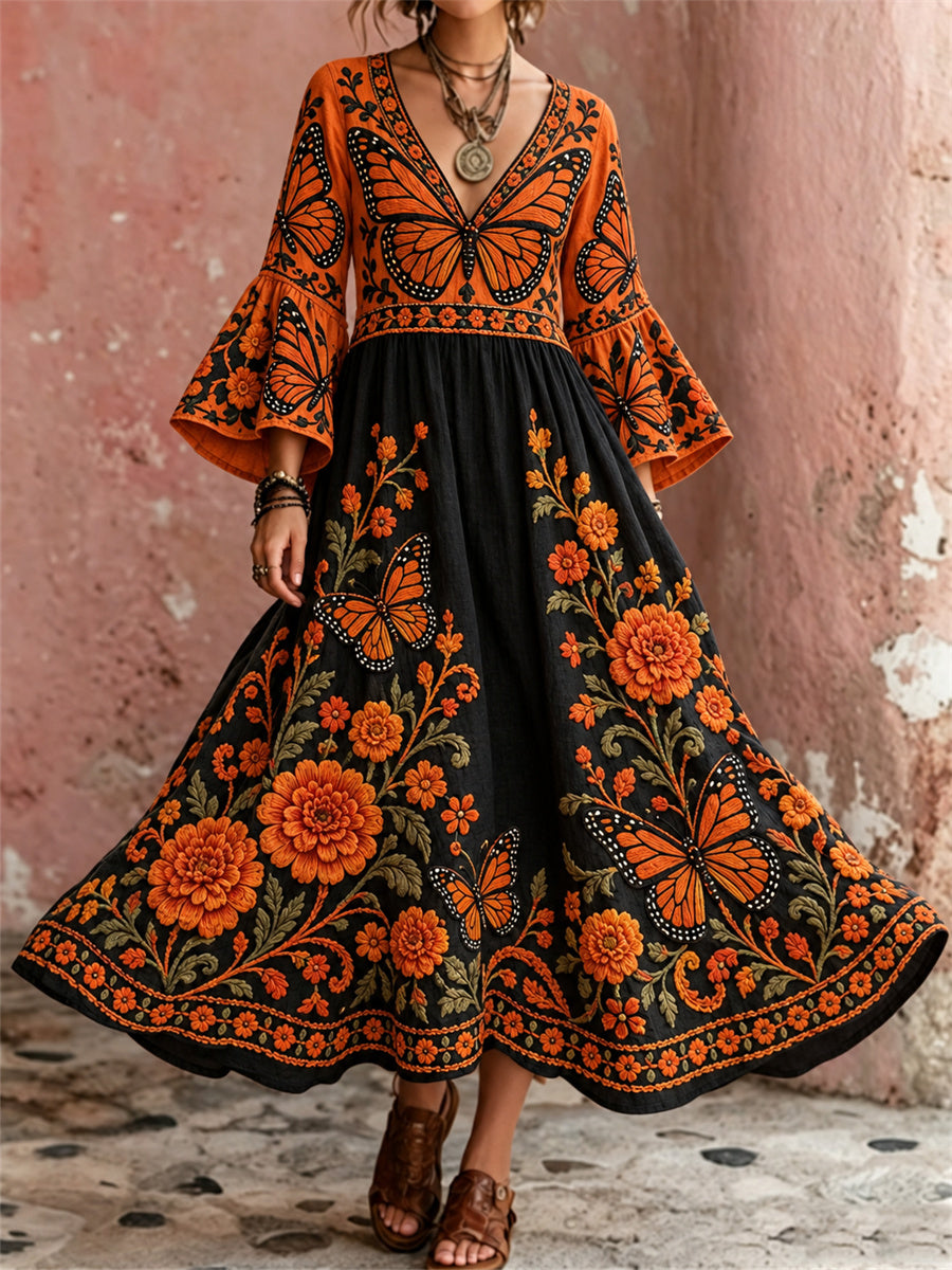 Women's Day of the Dead Monarch Butterflies & Marigolds Floral Print Flare Flowy Maxi Dress