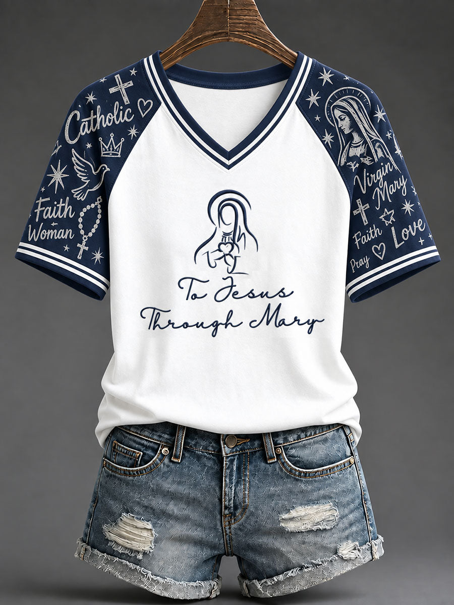 Women's "To Jesus Through Mary" Catholic Faith Virgin Mary T-Shirt