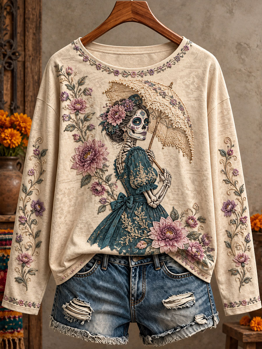 Women's Mexico Day of The Dead Floral Art Printed T-shirt